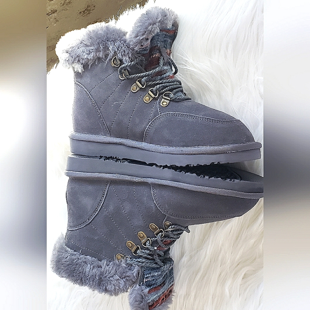 Lamo Winter Suede Boots Gray Splash Proof Size 7 Comfort Foot Faux Fur NIB - Picture 3 of 13